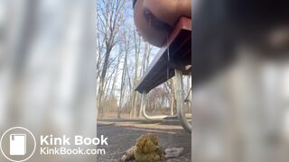 Girl shits off the side of a park bench