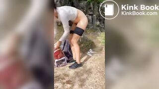 Girl shits outdoors on a hiking trip