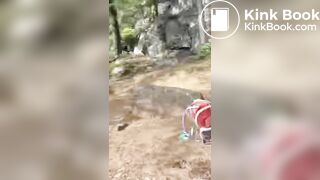 Girl shits outdoors on a hiking trip