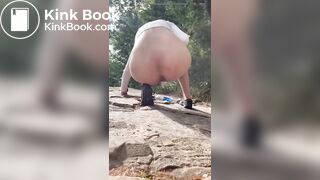 Girl shits outdoors on a hiking trip