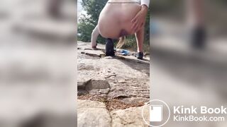 Girl shits outdoors on a hiking trip