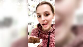 Blond girl's first time taking a big bite