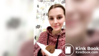 Blond girl's first time taking a big bite