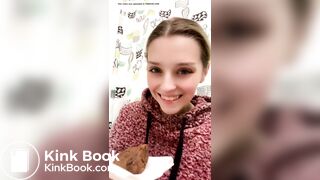 Blond girl's first time taking a big bite