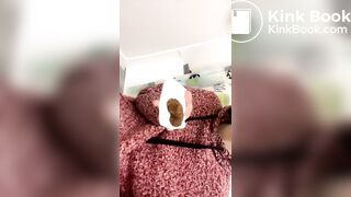 Blond girl's first time taking a big bite