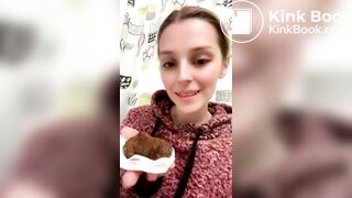 Blond girl's first time taking a big bite