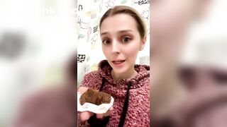 Blond girl's first time taking a big bite