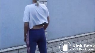 Cute blonde girl pooping outside