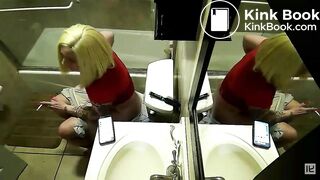 2 women pooping with reflections in a mirror