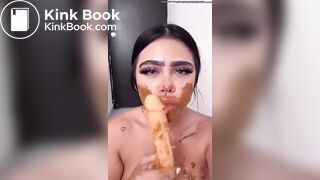 Dirty girl sucks dirty dildo