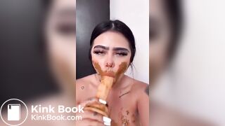 Dirty girl sucks dirty dildo