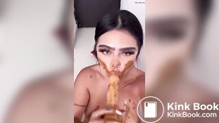 Dirty girl sucks dirty dildo