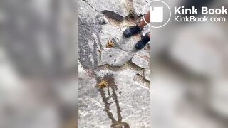 Cute girl outdoor shitting on the rocks