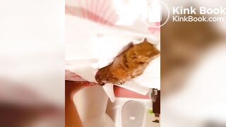 asian shitting out a log on paper towerl