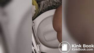 Girl pooping on toilet and reuses toilet paper