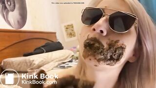 Blonde woman chewing her shit