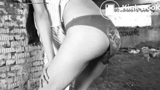 Young girl in dress shitting blue panties