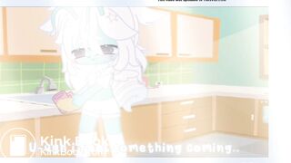 Cyan is washing dishes as she soils her diaper