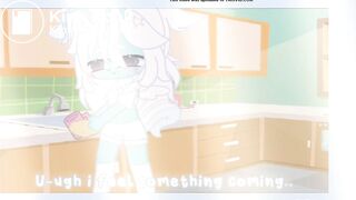 Cyan is washing dishes as she soils her diaper