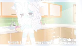 Cyan is washing dishes as she soils her diaper