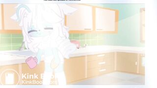 Cyan is washing dishes as she soils her diaper