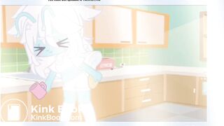 Cyan is washing dishes as she soils her diaper