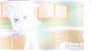 Cyan is washing dishes as she soils her diaper