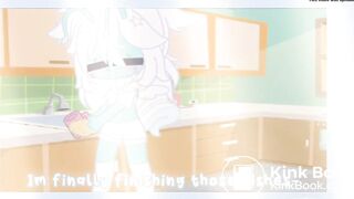 Cyan is washing dishes as she soils her diaper