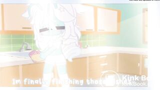 Cyan is washing dishes as she soils her diaper