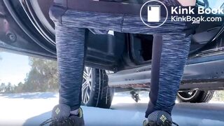 Redhead Farts, Poops and Pees Next to Car