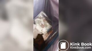 Girl in gym clothes shits in her garbage basket in bedr