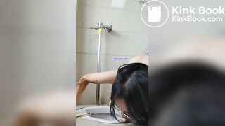 Chinese girl licking public toilet