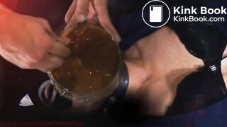 Human toilet swallows piss and shit through a funnel