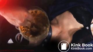 Human toilet swallows piss and shit through a funnel