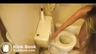 Tanned hot blonde girl shitting a lot on toilet