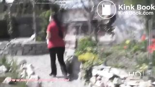 Woman pooping on her patio steps..