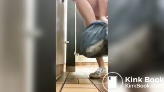 Chubby lady has diarrhea on public toilet floor