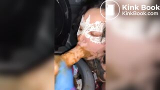 Porta potty dirty dildo suck