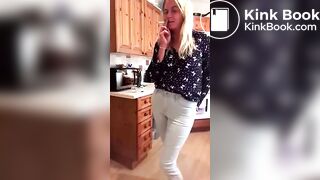 Blonde topless jeans poo