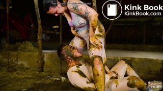 Betty and Scati Own dirty nylon fun in cowshit