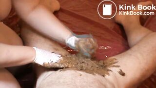 Handjob in shit with gloves