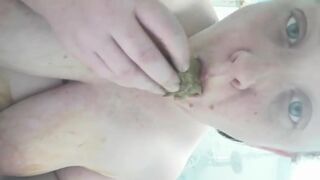 Big titty lady smearing and eating shit