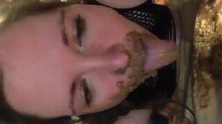 brunette with big tits eating shit during sex