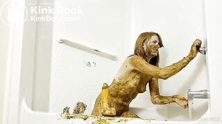 Bathing in her own shit.