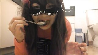 Asian bitch eats her own shit with a spoon