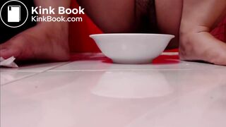 Asian girl eats some ice cream mixed with poo