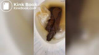 Hairy milf unloads logs between her legs into the bowl