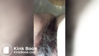 Hairy milf unloads logs between her legs into the bowl