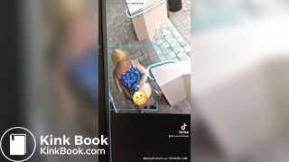 Blonde Woman poops on sidewalk