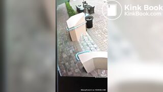 Blonde Woman poops on sidewalk